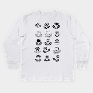 Spring doodle flowers on pastel violet backdrop Kids Long Sleeve T-Shirt